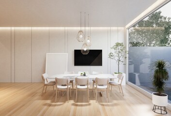 minimal interior of the living room with a white base tone. 3D illustration render