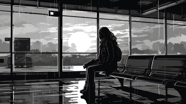 Lonely traveler girl sitting at an airport. Fantasy concept , Illustration painting.