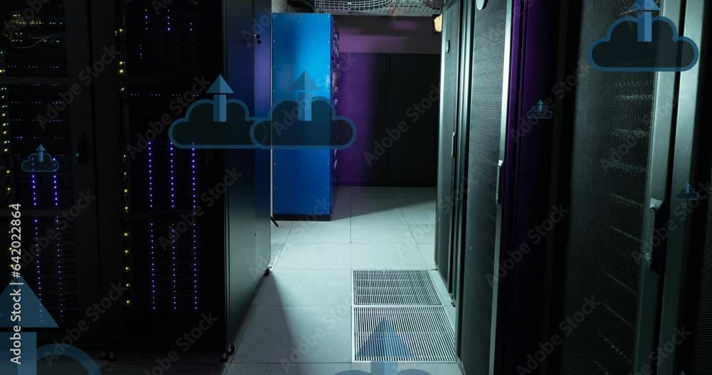 Poster animation clouds and arrow moving upwards over data server room