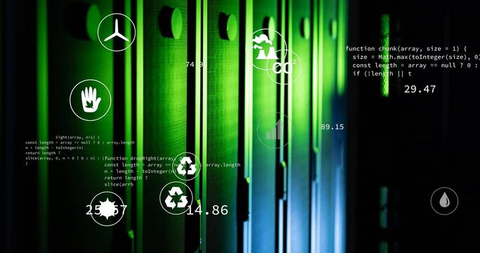 Animation of green technology icons, coding over data server racks