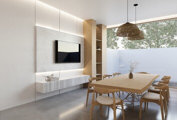 minimal interior of the living room with a white base tone. 3D illustration render