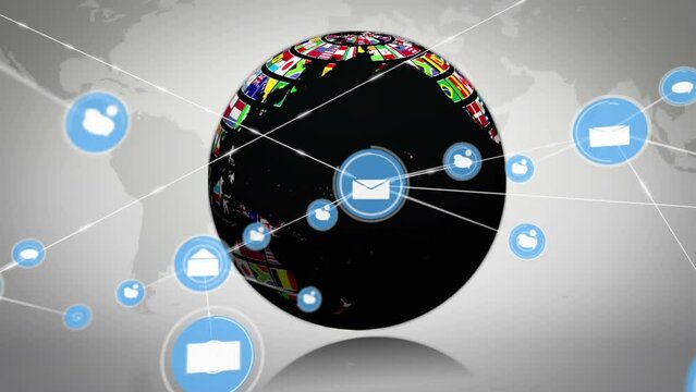 Animation of connected speech bubble and message icons and globe with national flags