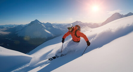 skiing, mountain sports. skier in snow mountains on slope with his ski and professional equipment on sunny day. Generative AI - Powered by Adobe