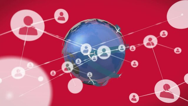 Animation of connected people icons and airplanes flying around globe on red background