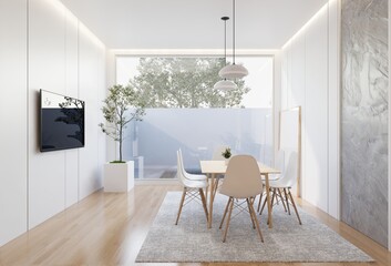 minimal interior of the living room with a white base tone. 3D illustration render