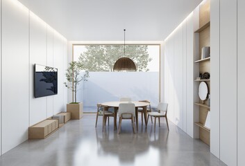 minimal interior of the living room with a white base tone. 3D illustration render