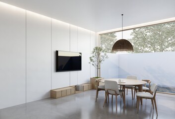 minimal interior of the living room with a white base tone. 3D illustration render