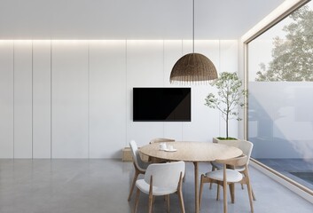 minimal interior of the living room with a white base tone. 3D illustration render