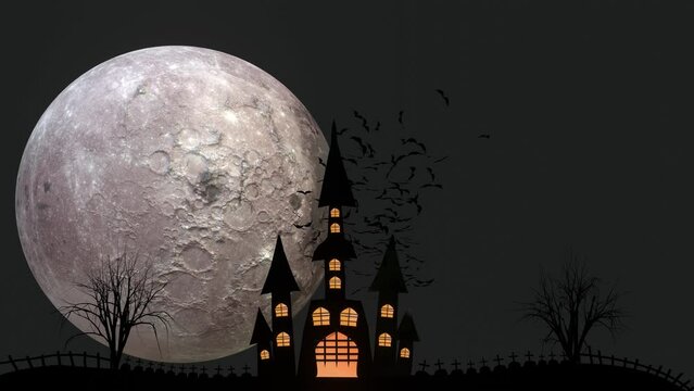 halloween night background with silhouette of castle and flying bats flock in the super moon night. Elements of this vector moon and stars furnished by NASA.