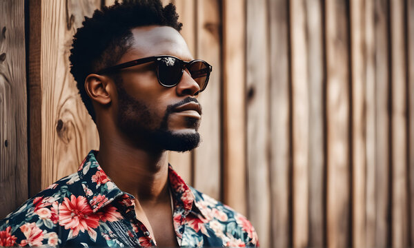 Portrait of a handsome black man fashion style model posing for photo on a wooden background