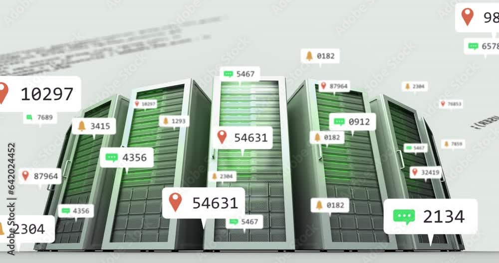 Poster animation of notification with numbers icons over data server racks