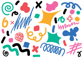 Set of colorful hand painted various shapes, curls, forms, brush strokes and doodle objects. Abstract modern minimalist trendy vector illustration.