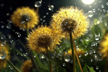 Sunlit Yellow Flower: Macro Close-up of a Dewy Inflorescence.