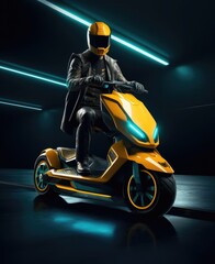 A man on a scooter of the future rides fast