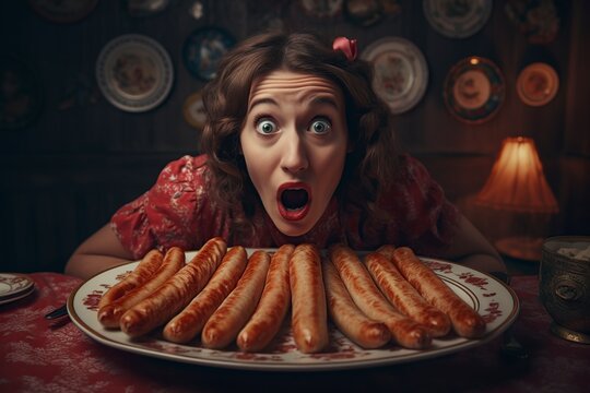 Woman Very Surprised By A Plate Of Hot Dogs