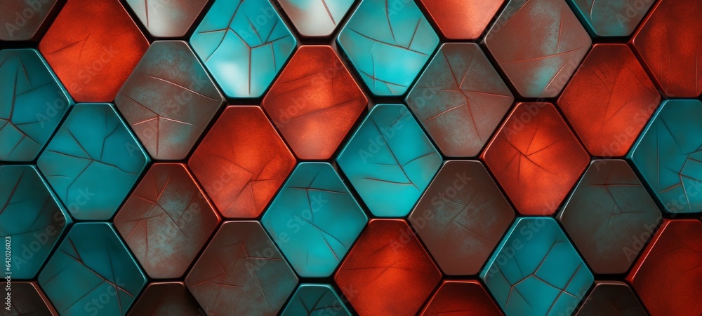 Poster Abstract futuristic luxurious digital geometric technology hexagon background banner illustration 3d - Turquoise red hexagonal 3d shape texture wall