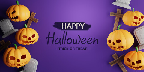 3d Rendering. Happy Halloween message with pumpkin,crucifix, skull, grave on purple background.