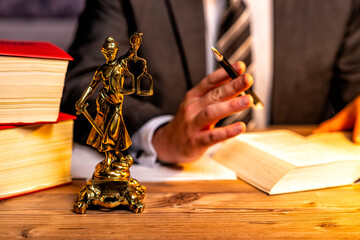 office of a lawyer with statue of Lady Justice, goddess Justitia, on the desk