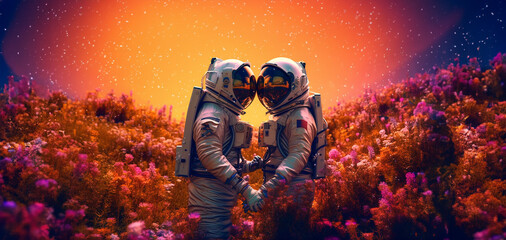 Two astronauts in space suits and helmet on kiss on a surface of a planet, in a field full of flowers and a big red sun in the background. Fantasy poster made using Generative AI. - Powered by Adobe
