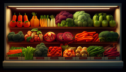 Stall with fruits and vegetables, Vegetables on shelf in supermarket, Ai generated image