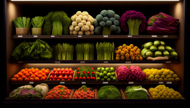 Stall with fruits and vegetables, Vegetables on shelf in supermarket, Ai generated image