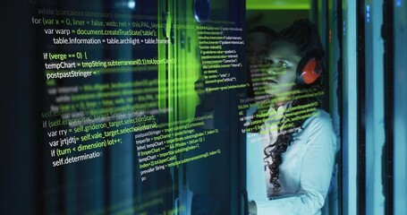 Animation of data processing over african american female engineer using laptop at server room - Powered by Adobe