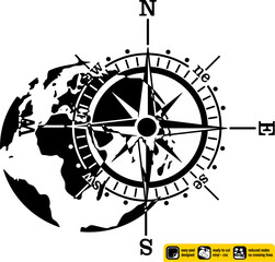 Worldmap vinyl ready vintage design map of the compass rose containing a world map created for vinyl cutting or cnc plasma. Wall sticker. Black and white silhouette