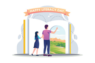 Concept Literacy day with people scene in the flat cartoon style. The teacher introduces the student to the magical world of books. Vector illustration.