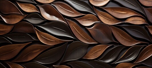 Abstract metallic brown copper mosaic tile wall texture background with waving waves leaves shapes