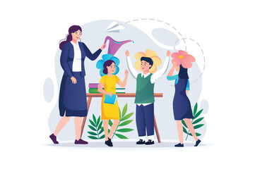 Teachers day concept with people scene in the flat cartoon design. The teacher arranged fun contests and games for the students in honor of the holiday. Vector illustration.