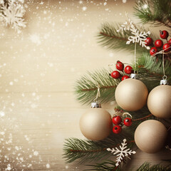 Fototapeta na wymiar Christmas fir tree branches with toys on paper background, ai technology