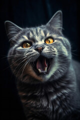 Naklejka na ściany i meble Feline Fury: Intense Emotion Captured in Close-up Cat Portrait on Black Background.
