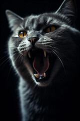 Feline Yawning with Open Mouth on Black Background.