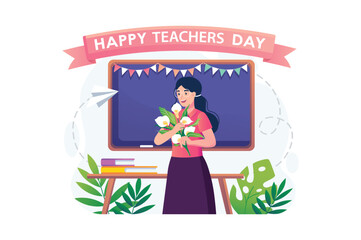 Bouquet of flowers for the teacher concept with people scene in the flat cartoon design. The teacher admires the beautiful bouquet that students gave her in honor of the holiday. Vector illustration.