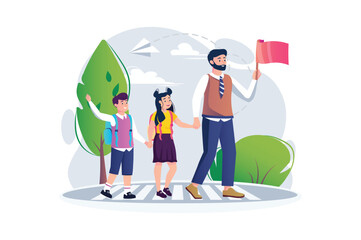 Crossing the road with a teacher concept with scene in the flat cartoon style. The teacher crosses the road with a students, and therefore holds a red flag in his hands. Vector illustration.