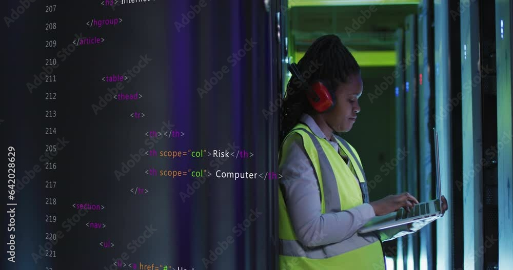 Poster animation of data processing on african american female engineer using laptop working at server room