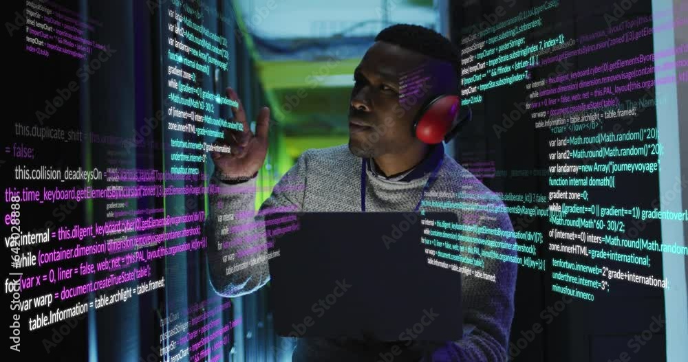 Poster animation of data processing over african american male engineer using laptop working at server room