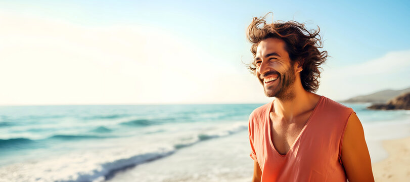 Portrait of a smiling young man standing on the beach at sunrise. Copy space.