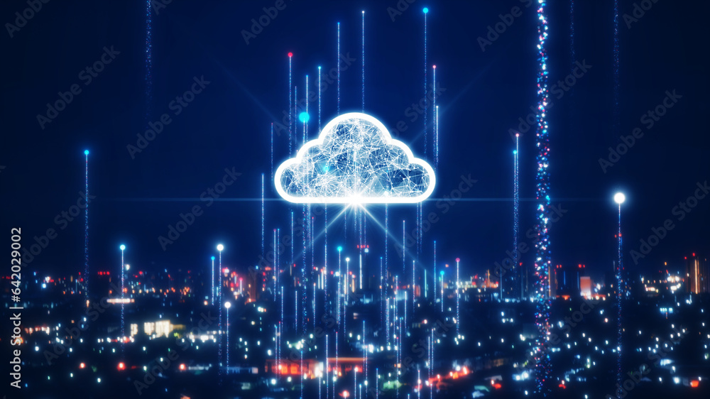 Leinwandbilder cloud and edge computing technology data transfer concept. dark and blurry night cityscape it has a 