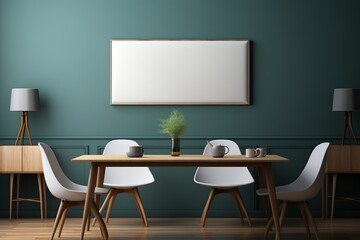 Minimalist Workspace with Blank White Canvas Amidst Dark Blue Decor