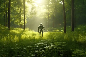 Fototapeta premium Metal Humanoid Robot Walking Through Green Forest