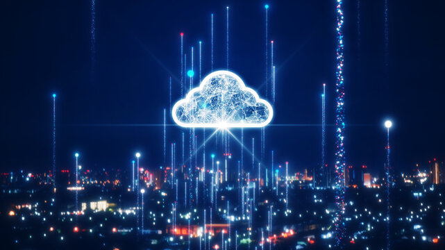 Cloud and edge computing technology data transfer concept. Dark and blurry night cityscape It has a large cloud icon in the middle. Particles float on a dark blue background.