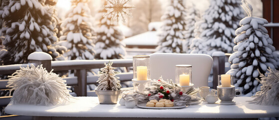 Winter frozen morning on the patio, backyard with snowy trees, furniture, candles, lamp garland.served dinner table. Christmas, New Years holidays. Outdoors vacation. Exterior Design.Generative ai