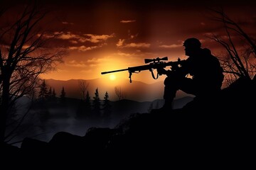Fototapeta na wymiar Man with Sniper Rifle in Sunrise background