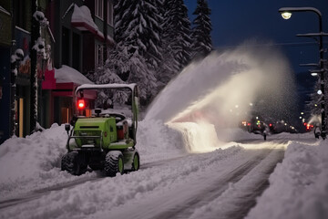 Night Winter Street - Snow Removal Equipment in Action - obrazy, fototapety, plakaty