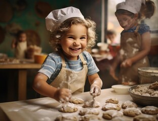 Joyful children prepare food - obrazy, fototapety, plakaty