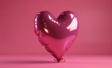 walentynki i miłość balon foliowy na hel różowy unoszący się na różowym tle - valentine's day and love pink helium foil balloon floating on pink background - AI Generated - obrazy, fototapety, plakaty