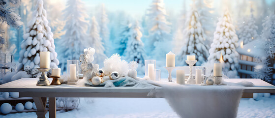 Winter frozen morning on the patio, backyard with snowy trees, furniture, candles, lamp garland.served dinner table. Christmas, New Years holidays. Outdoors vacation. Exterior Design.Generative ai
