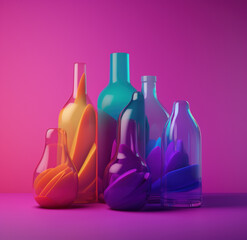 artystyczne szklane abstrakcyjne kolorowe przeźroczyste butelki na jednolitym tle - artistic abstract glass coloured transparent bottles on a solid background - AI Generated