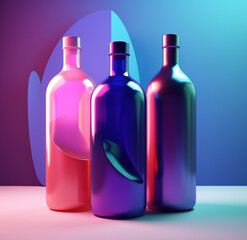 szklane butelki kolorowe wysokie kolorowe abstrakcyjne z płynem - high glass bottles coloured abstract with liquid - AI Generated - obrazy, fototapety, plakaty